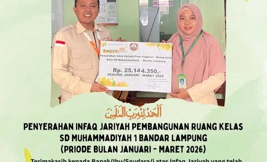 Penyerahan Infaq Jariyah Pembangunan Ruang Kelas SD Muhammadiyah 1 Bandar Lampung Capai Rp 25 Juta Lebih Periode Januari–Maret 2026