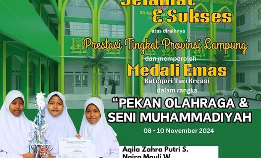 Selamat atas Raihan Medali Emas Tari Kreasi Islami oleh Siswi SD Muhammadiyah 1 Bandar Lampung di Porsenimu 2024