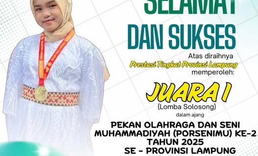SD Muhammadiyah 1 Bandar Lampung Apresiasi Prestasi Alya Devina Sakhi sebagai Juara 1 Solosong pada Porsenimu Ke-2 Provinsi Lampung 2025