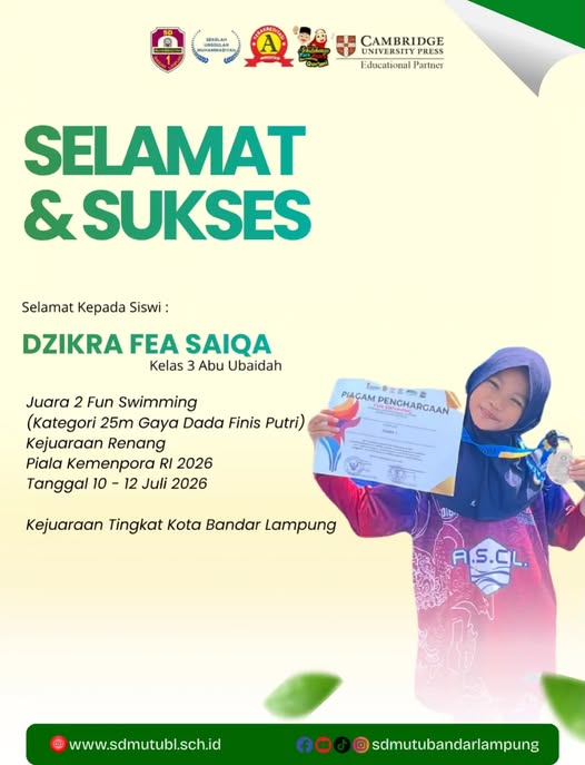 Dzikra Fea Saiqa Raih Juara 2 Fun Swimming, Tambah Deretan Prestasi SD Muhammadiyah 1 Bandar Lampung