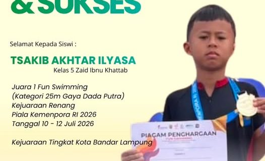 Tsakib Akhtar Ilyasa Raih Juara 1 Fun Swimming Piala Kemenpora 2026, Harumkan Nama SD Muhammadiyah 1 Bandar Lampung