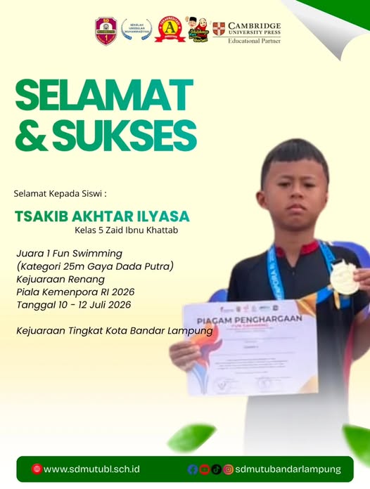 Tsakib Akhtar Ilyasa Raih Juara 1 Fun Swimming Piala Kemenpora 2026, Harumkan Nama SD Muhammadiyah 1 Bandar Lampung
