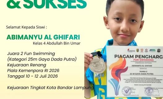 Abimanyu Al Ghifari Persembahkan Juara 2 Fun Swimming, Harumkan Nama SD Muhammadiyah 1 Bandar Lampung