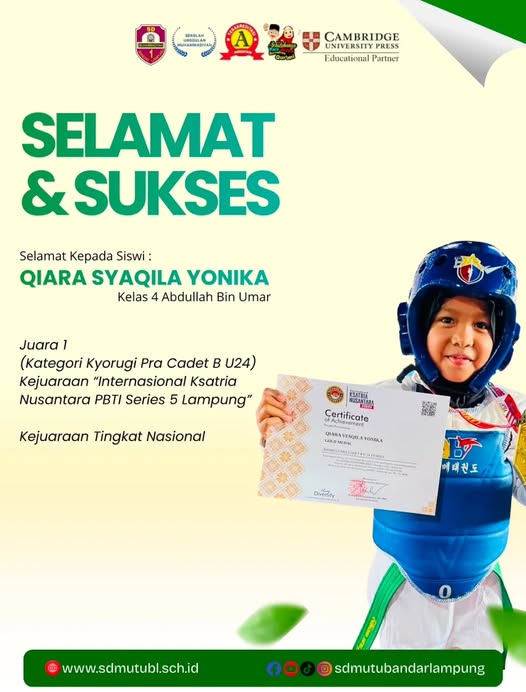 Qiara Syaqila Yonika Persembahkan Juara 1 untuk SD Muhammadiyah 1 Bandar Lampung di Ksatria Nusantara PBTI Series 5