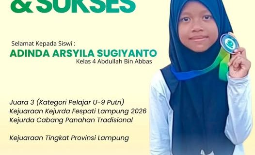 SD Muhammadiyah 1 Bandar Lampung Bangga atas Prestasi Adinda Arsyila Sugianto Raih Medali Perunggu Kejurda Fespati Lampung 2026