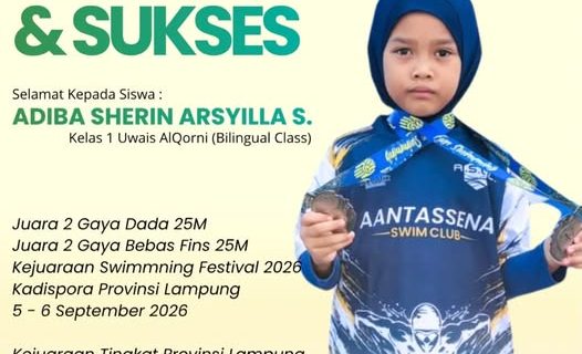 Gemilang di Kolam Renang! Adiba Sherin Arsyilla S. Raih Dua Juara 2 pada Fun Swimming Festival 2026 Tingkat Provinsi Lampung